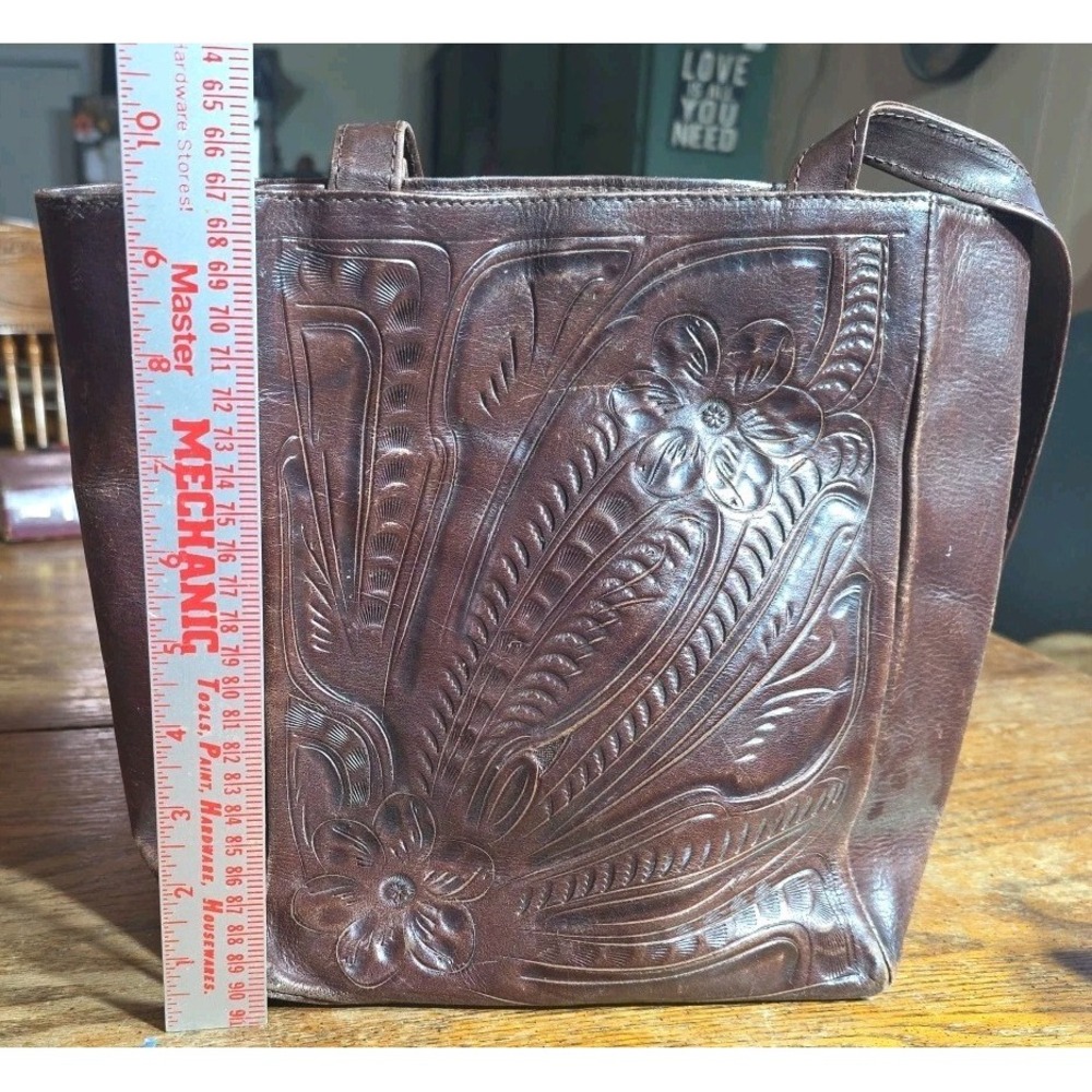 Leaders in Leather Tooled Leather Brown Shoulder Bag Purse Tote Paraguay Star